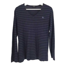 画像をギャラリービューアに読み込む, バーバリーブラックレーベル BURBERRY BLACK LABEL ロンT カットソー 刺繍ロゴ Vネック サイズ3 L相当 ブラック グレー ボーダー柄【中古】