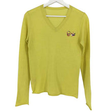 画像をギャラリービューアに読み込む, ルシアンペラフィネ lucien pellat finet カシミヤ混 Vネックニット長袖 スカル&リーフ迷彩柄刺繍 M ネオンイエロー【中古】【美品】