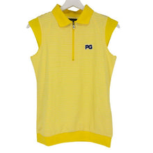 画像をギャラリービューアに読み込む, パーリーゲイツ PEARLY GATES ハーフジップ ノースリーブ フレンチスリーブ ポロシャツ サイズ1 イエロー ボーダー柄【中古】