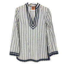 画像をギャラリービューアに読み込む, トリーバーチ TORY BURCH プルオーバー カットソー シースルー 長袖シャツ ネイビー ホワイト ストライプ柄【中古】