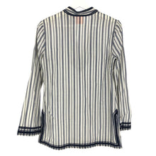 画像をギャラリービューアに読み込む, トリーバーチ TORY BURCH プルオーバー カットソー シースルー 長袖シャツ ネイビー ホワイト ストライプ柄【中古】