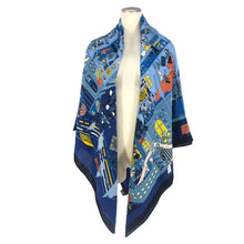 將圖片載入圖庫檢視器 HERMES エルメス カレジェアン140 La Maison des Carres メゾンデカレ ストール カシミヤ/シルク ブルー系 レディース 【中古】