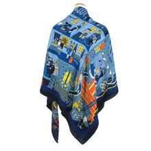 將圖片載入圖庫檢視器 HERMES エルメス カレジェアン140 La Maison des Carres メゾンデカレ ストール カシミヤ/シルク ブルー系 レディース 【中古】