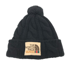 画像をギャラリービューアに読み込む, GUCCI グッチ THE NORTH FACE ノースフェイス ロゴ ニット帽 ニットキャップ ウール ポンポン サイズM 58 22cm ユニセックス 男女兼用 帽子 ブラック【中古】