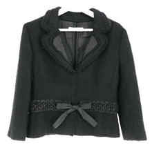 画像をギャラリービューアに読み込む, PRADA プラダ 装飾ビジュー リボン付き テーラードジャケット ツイード/ウール ブラック【中古】 レディース