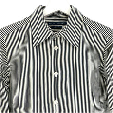 画像をギャラリービューアに読み込む, RALPH LAUREN ラルフローレン スリムフィット 長袖シャツ コットン ネイビー ホワイト ストライプ Mサイズ相当【中古】 レディース