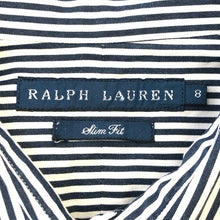 画像をギャラリービューアに読み込む, RALPH LAUREN ラルフローレン スリムフィット 長袖シャツ コットン ネイビー ホワイト ストライプ Mサイズ相当【中古】 レディース