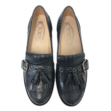 画像をギャラリービューアに読み込む, TOD’S トッズ タッセル ベルトバックル クロコ型押し ローファー レザー ブルー 24.5cm相当【中古】【新品同様】【美品】 レディース