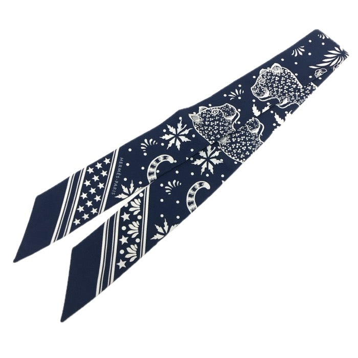 美品　エルメス　ツイリー　レオパード　バンダナ柄　ネイビー　スカーフ HERMES エルメス ツイリー Les Leopards Bandana バンダナ レオパード