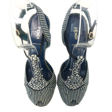 画像をギャラリービューアに読み込む, FENDI フェンディ アンクルストラップ サンダル デニム/レザー ブルー ホワイト 9.5cmヒール サイズ37.5(24.5cm相当)【中古】【新品同様】【美品】レディース