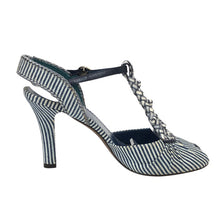 画像をギャラリービューアに読み込む, FENDI フェンディ アンクルストラップ サンダル デニム/レザー ブルー ホワイト 9.5cmヒール サイズ37.5(24.5cm相当)【中古】【新品同様】【美品】レディース