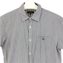 画像をギャラリービューアに読み込む, BURBERRY BLACK LABEL バーバリーブラックレーベル チェック柄 半袖シャツ D1M16-115-04 コットン グレー×ホワイト サイズ3(M相当)【中古】メンズ