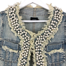 画像をギャラリービューアに読み込む, LE CIEL LEU ルシェルブルー パール付 デニムジャケット コットン ライトブルー サイズ38(M相当)【中古】 レディース