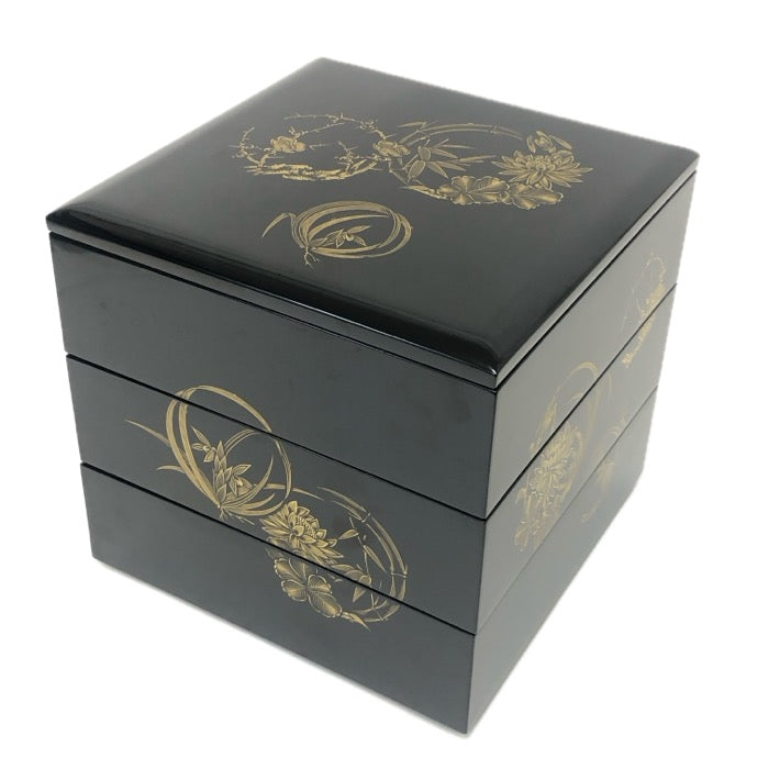 仲谷東陽堂 輪島塗 三段角重 重箱 ブラック 木箱付【中古】