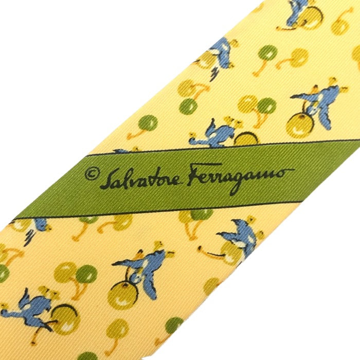 フェラガモ Salvatore Ferragamo  ネクタイ シルク100％  イエロー 総柄 トリ柄【中古】【新品同様】【美品】 FERRAGAMO（フェラガモ） ネクタイ イエロー シルク100％ 中古
