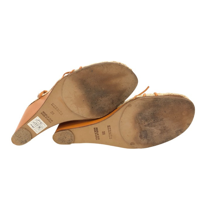 HERMES エルメス 編み上げ ウェッジソールサンダル レザー×ジュート