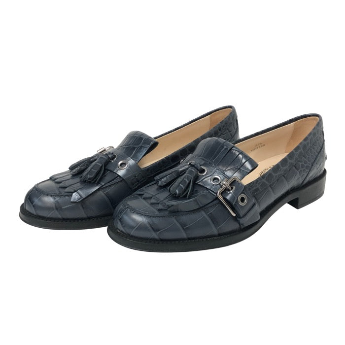 TOD’S トッズ タッセル ベルトバックル クロコ型押し ローファー レザー ブルー 24.5cm相当【中古】【新品同様】【美品】 レディース