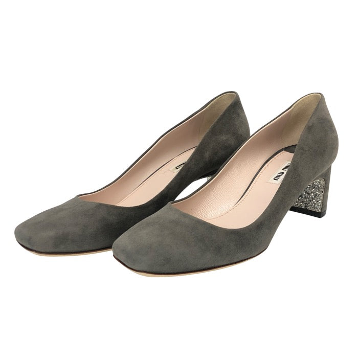 MIUMIU ミュウミュウ グリッター スクエアトゥ パンプス スウェード ダークグレー 25cm相当【中古】 レディース