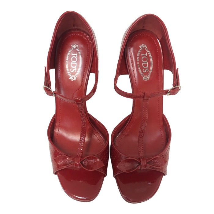 ★TOD'S★リボン サンダル アンクルストラップ付 ベルベット TOD'S トッズ リボン ストラップ サンダル エナメル レッド 24cm