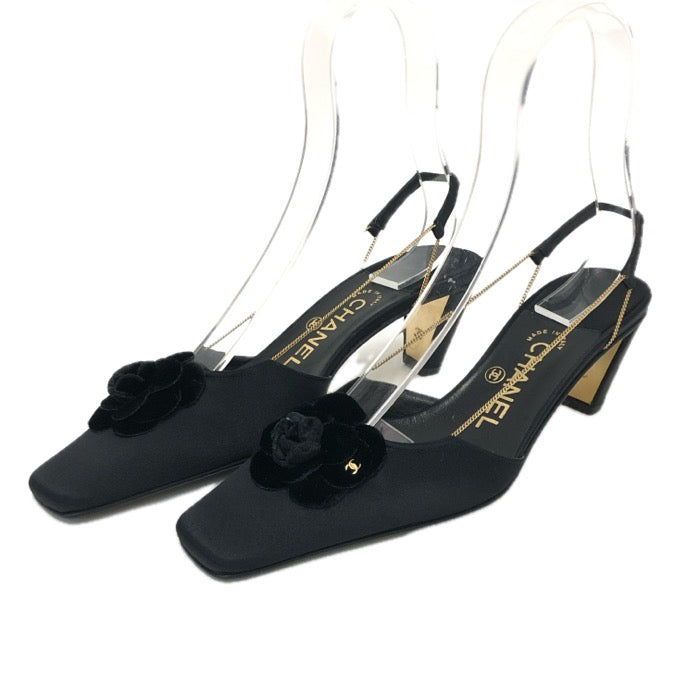 CHANEL シャネル カメリア チェーン ミュール サテン ブラック 24cm相当【中古】【美品】レディース