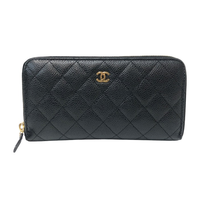 CHANEL シャネル マトラッセ ココマーク ラウンドファスナー 長財布 キャビアスキン ギャランティカード付 ゴールド金具 ブラック【中古】レディース