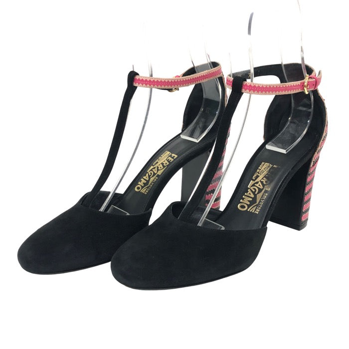Salvatore Ferragamo フェラガモ アンクルストラップ チャンキーヒール パンプス スウェード ブラック 9cmヒール サイズ7.5(24.5cm相当)【中古】 レディース