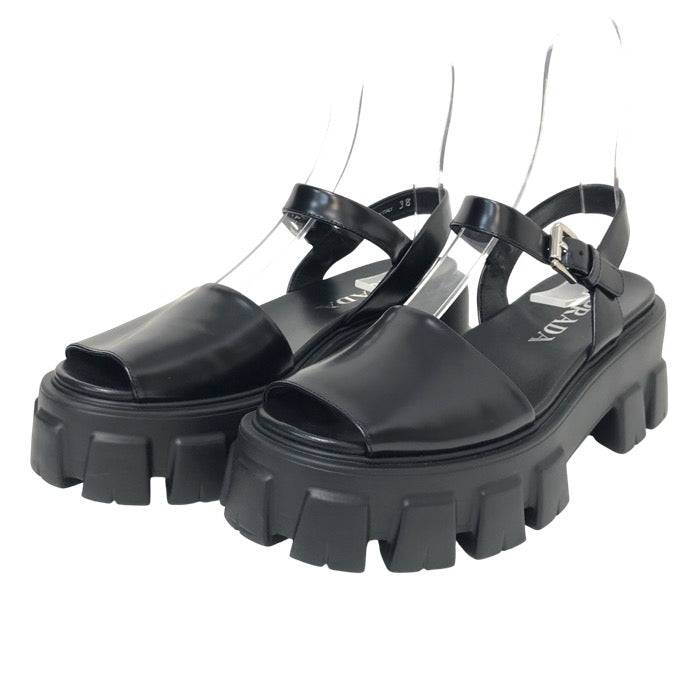 PRADA プラダ モノリス 厚底サンダル 軽量 ブラッシュレザー ブラック 7cmヒール サイズ38(25cm相当)【中古】【美品】レディース