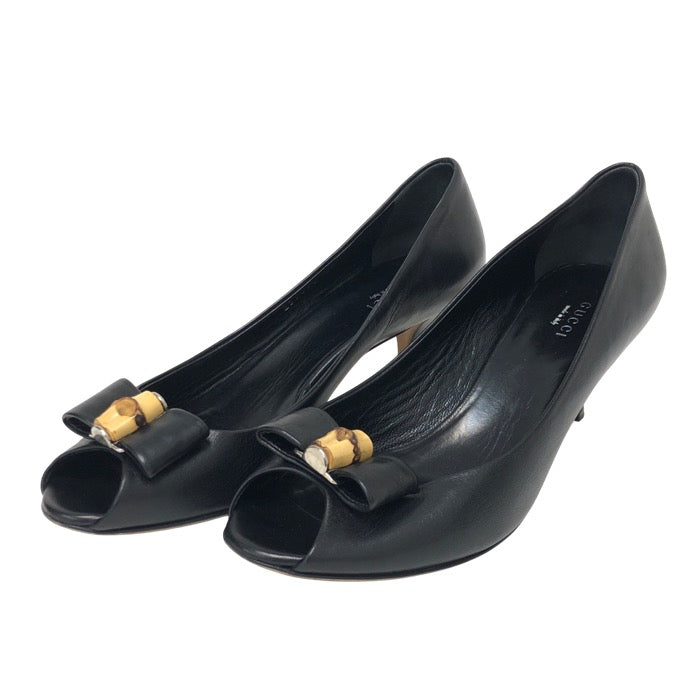GUCCI グッチ オープントゥ リボン付 パンプス レザー/バンブー ブラック 6cmヒール サイズ38(25cm相当)【中古】レディース