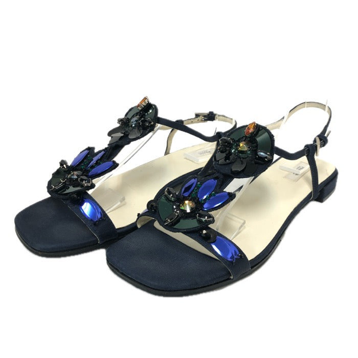 PRADA プラダ アンクルストラップ ビジュー サンダル ネイビー ローヒール サイズ38.5(25.5cm相当)【中古】 レディース