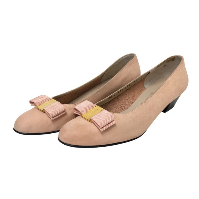 Salvatore Ferragamo フェラガモ ヴァラリボン アーモンドトゥ パンプス レザー ピンク ローヒール サイズ7.5(24.5cm相当)【中古】レディース