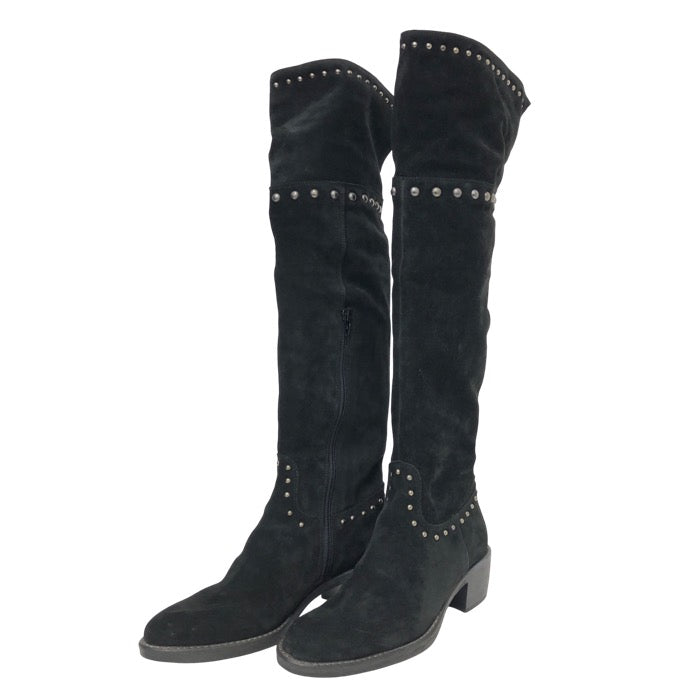 Karen Lips カレンリップス ハーフジップ スタッズ ロングブーツ スウェード ブラック 5cmヒール 24.5cm相当【中古】【新品同様】【美品】レディース