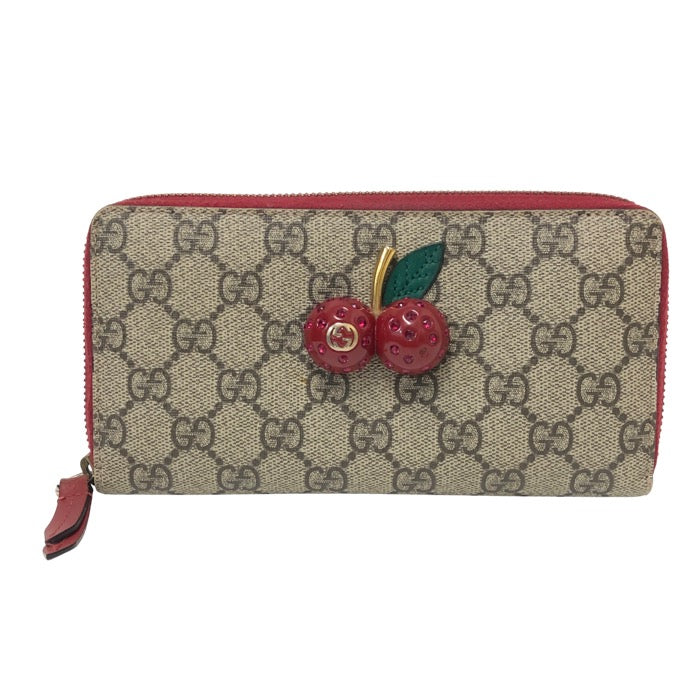 GUCCI グッチ GGスプリーム チェリー ラウンドファスナー 長財布 476049 ベージュ【中古】 レディース