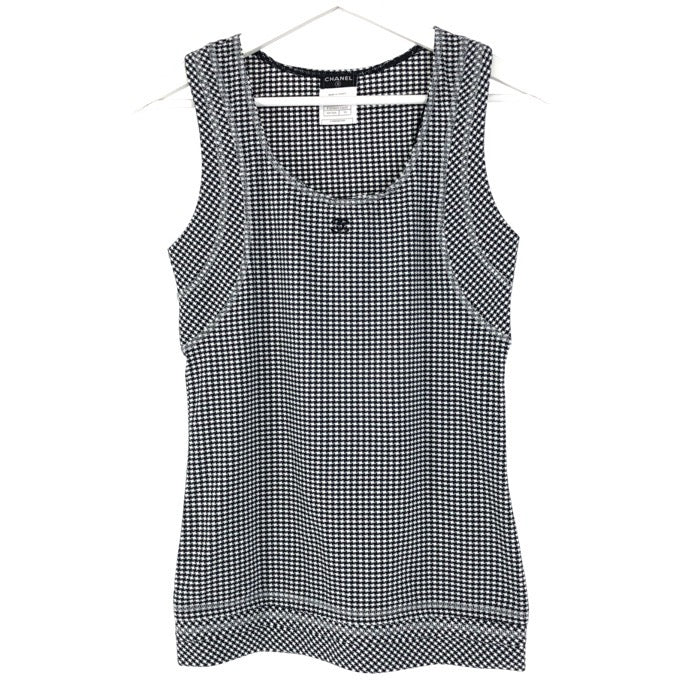 CHANEL シャネル ノースリーブ チェック柄 ストレッチ カットソー P32316V22650 ブラック×ホワイト サイズ34(XS-S相当)【中古】 レディース