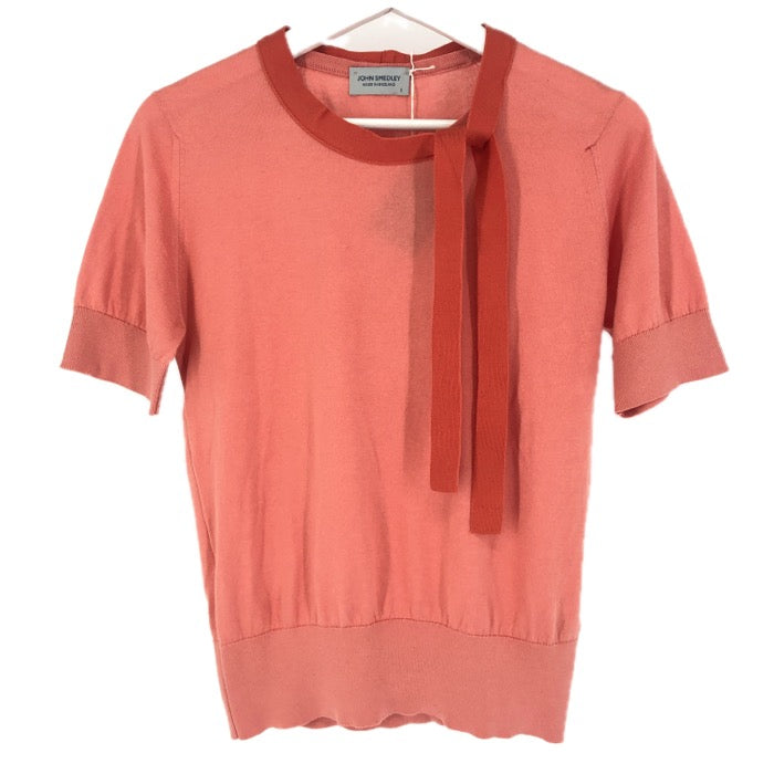 JOHN SMEDLEY ジョンスメドレー タイ付き ニットプルオーバー 半袖 S4681 コットン コーラルピンク M相当【中古】【新品同様】【美品】レディース