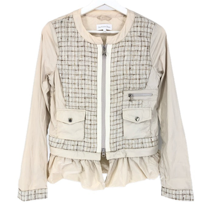 PATRIZIA PEPE パトリッツィアペペ フリル ノーカラージャケット ツイード×ナイロン ベージュ サイズ40(M相当)【中古】 レディース